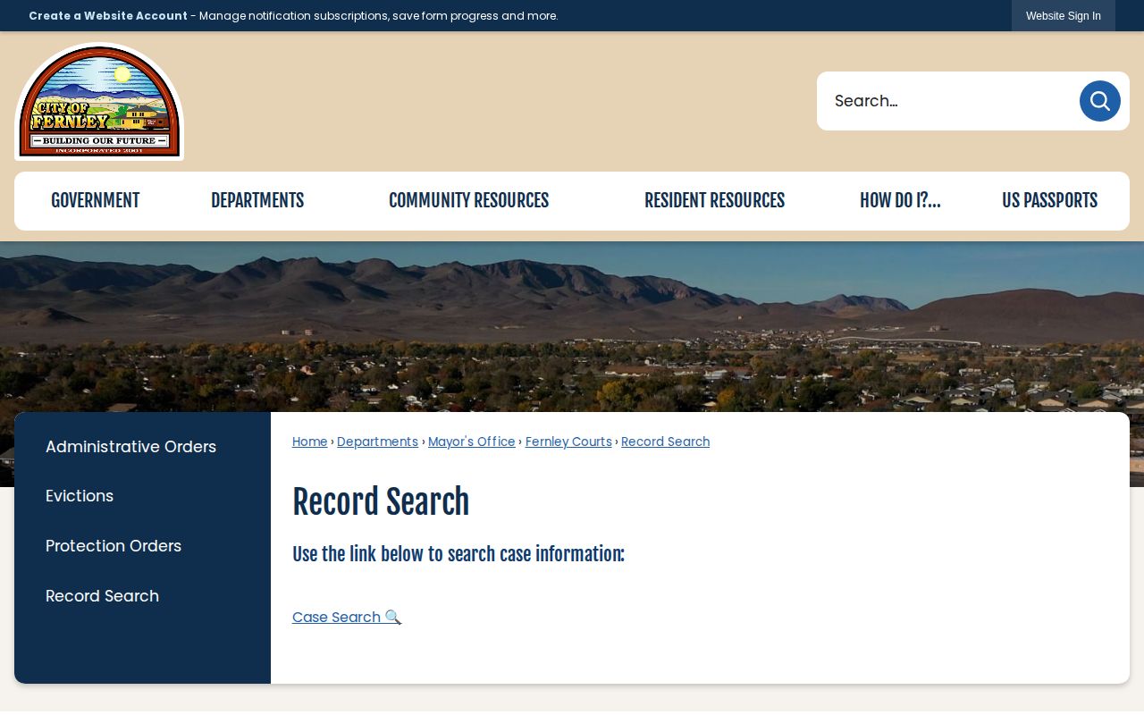 Fernley official record-search page for Lyon County arrest records