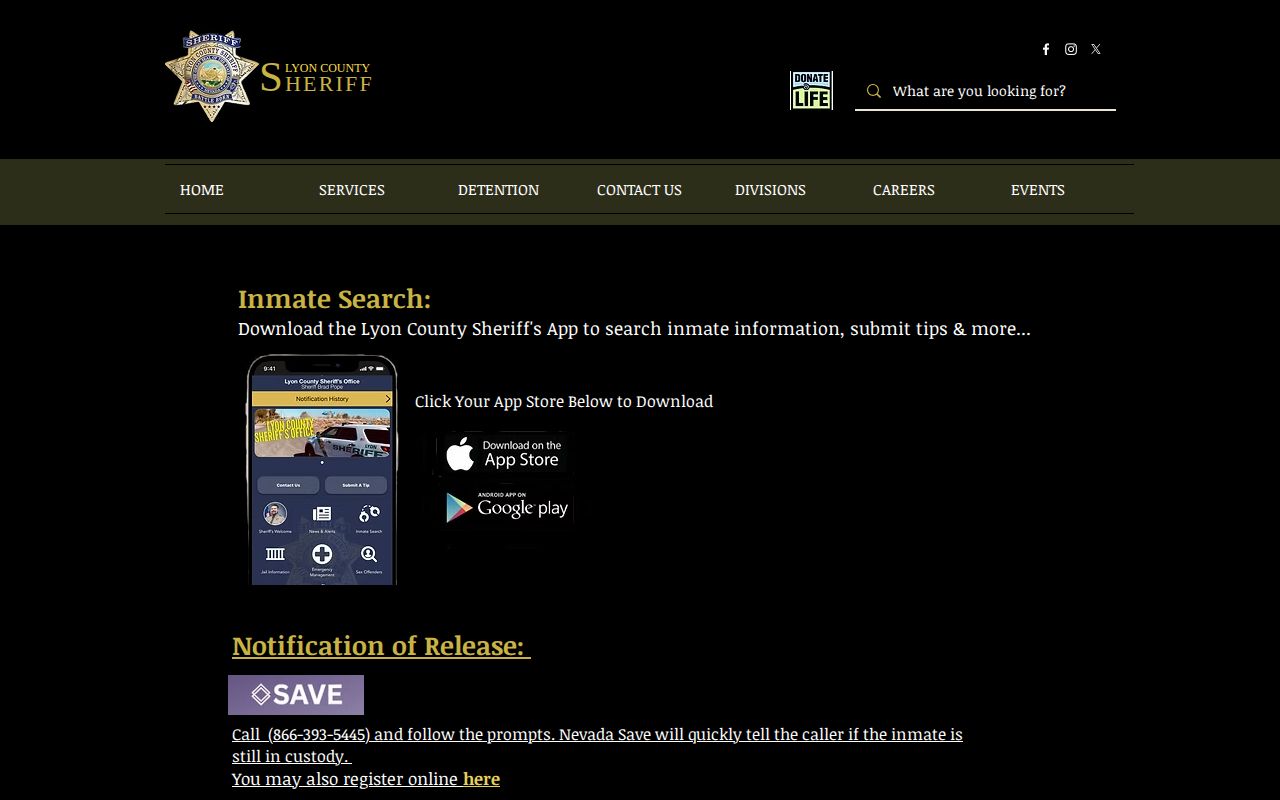 Screenshot of the official Lyon County Sheriff's Office inmate-search landing page
