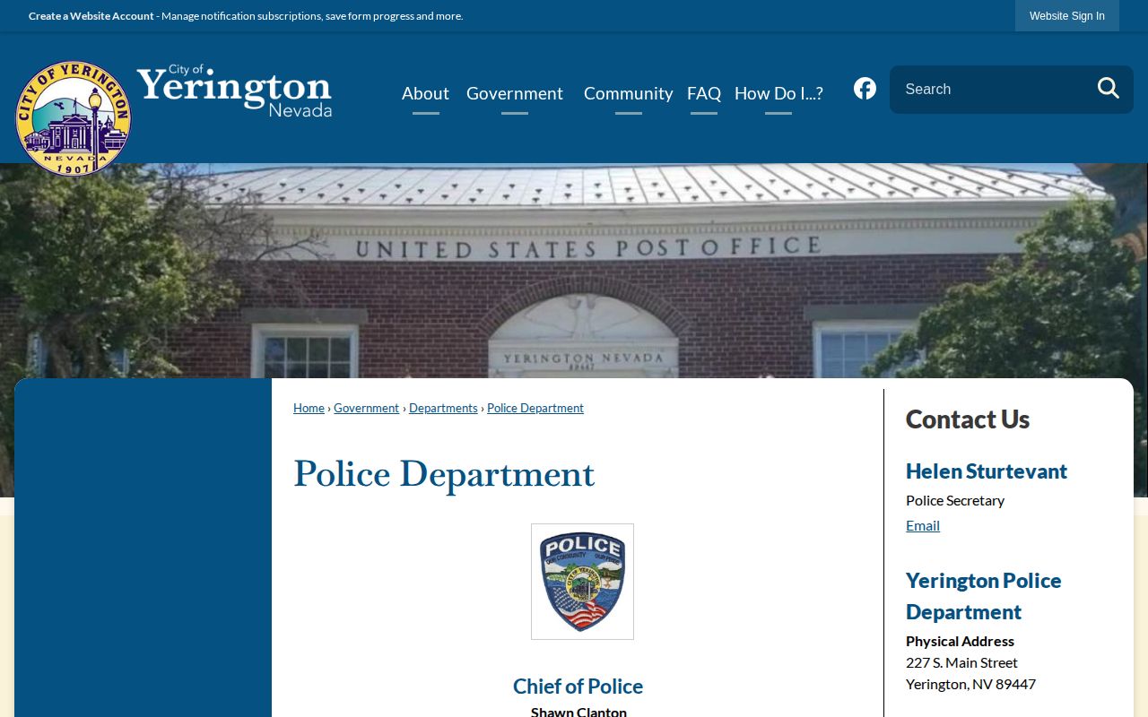 Yerington Police Department page for Lyon County arrest records